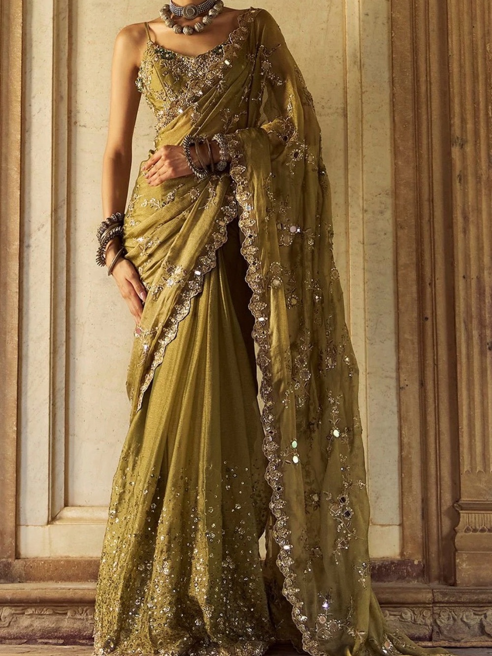 Olive Green Embroidered Women’s prestitched Saree with Mirror Work